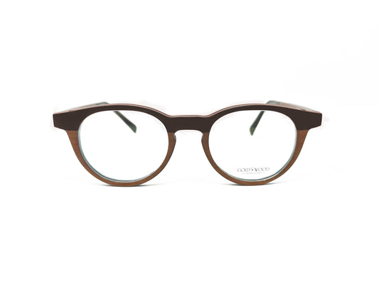 Gold & Wood round optical frame with keyhole bridge. Model: Sirius Neo. Color: 01.02 - Dark brown top with light brown bottom. Front view. 