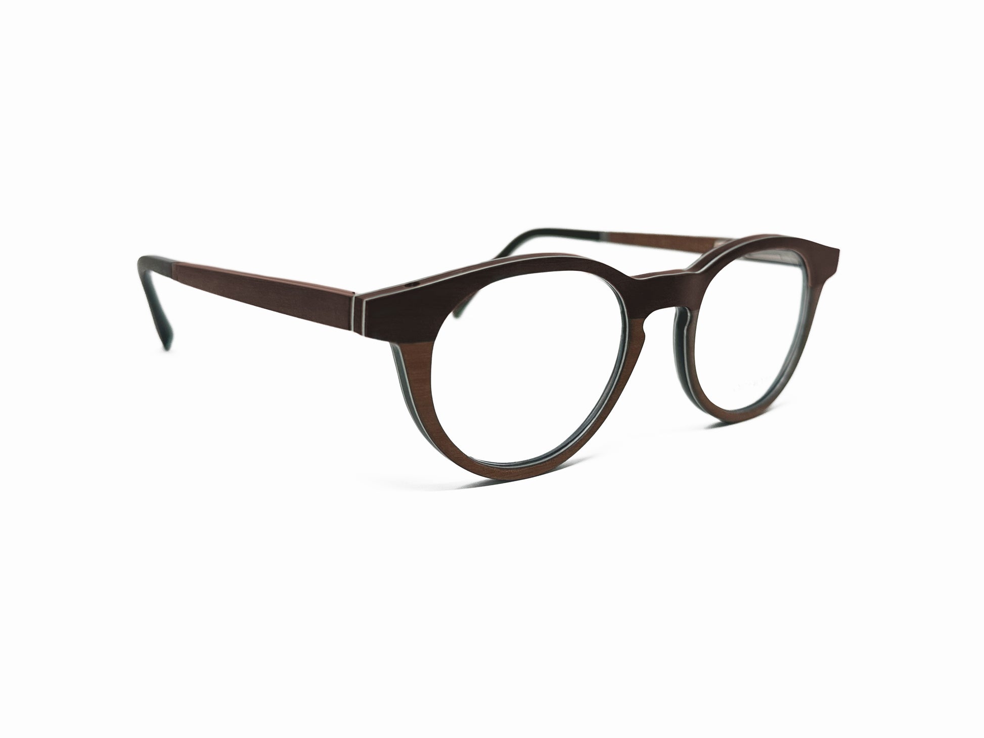 Gold & Wood round optical frame with keyhole bridge. Model: Sirius Neo. Color: 01.02 - Dark brown top with light brown bottom. Front view. 