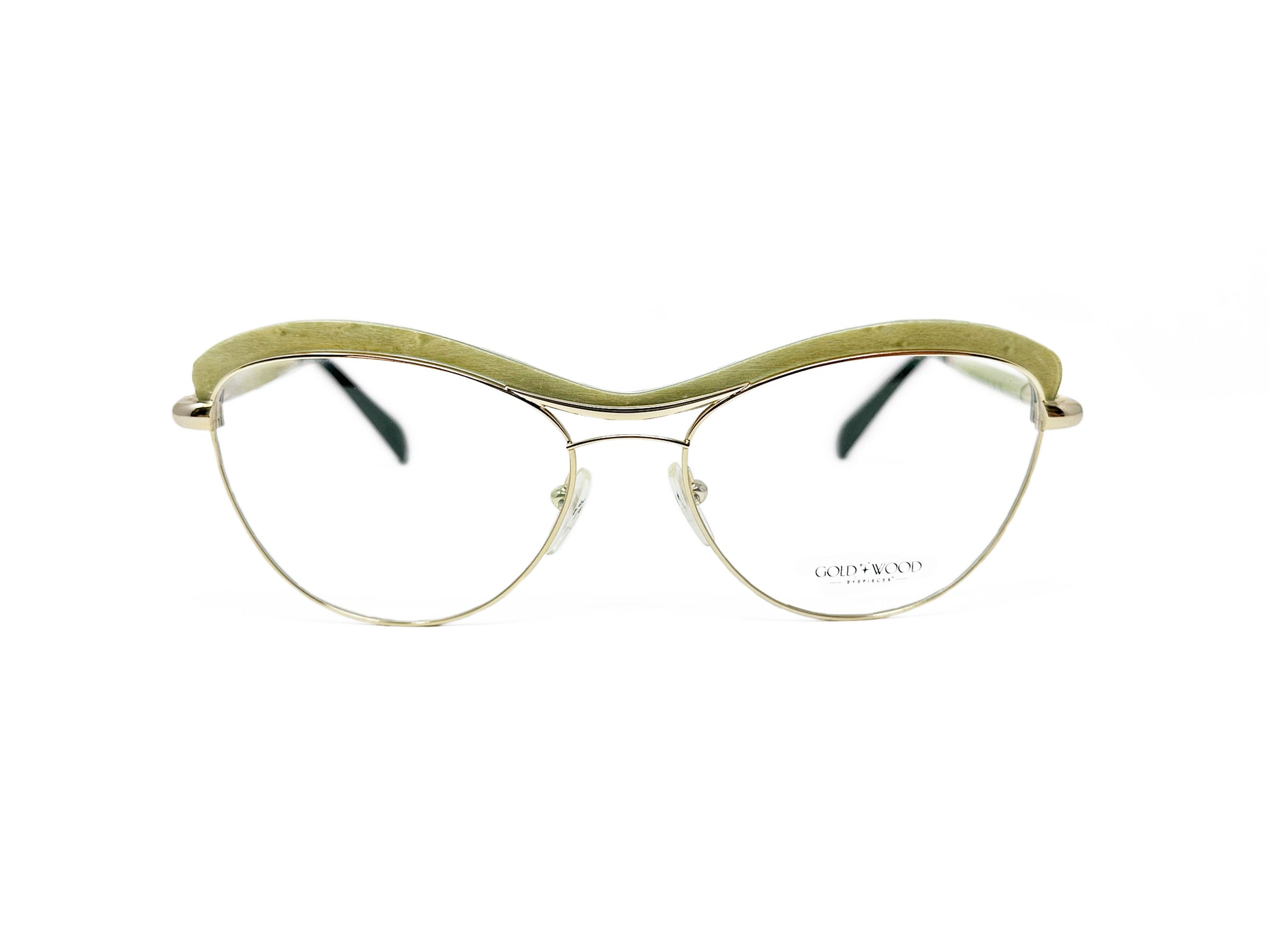 Gold & Wood rounded cat-eye optical frame. Model: Stela - Color: 02.02 - Ivory. Front view. 