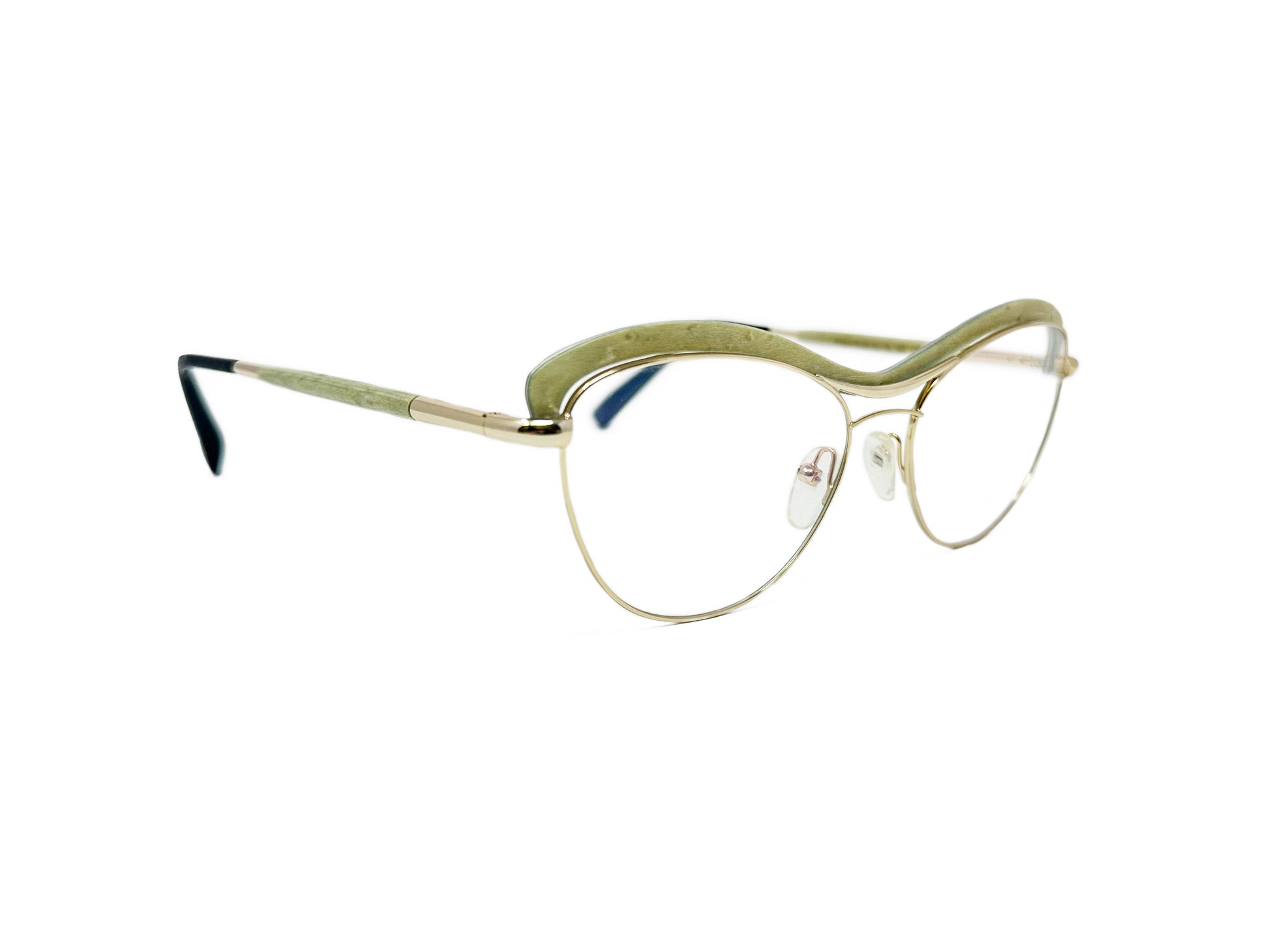 Gold & Wood rounded cat-eye optical frame. Model: Stela - Color: 02.02 - Ivory. Side view.