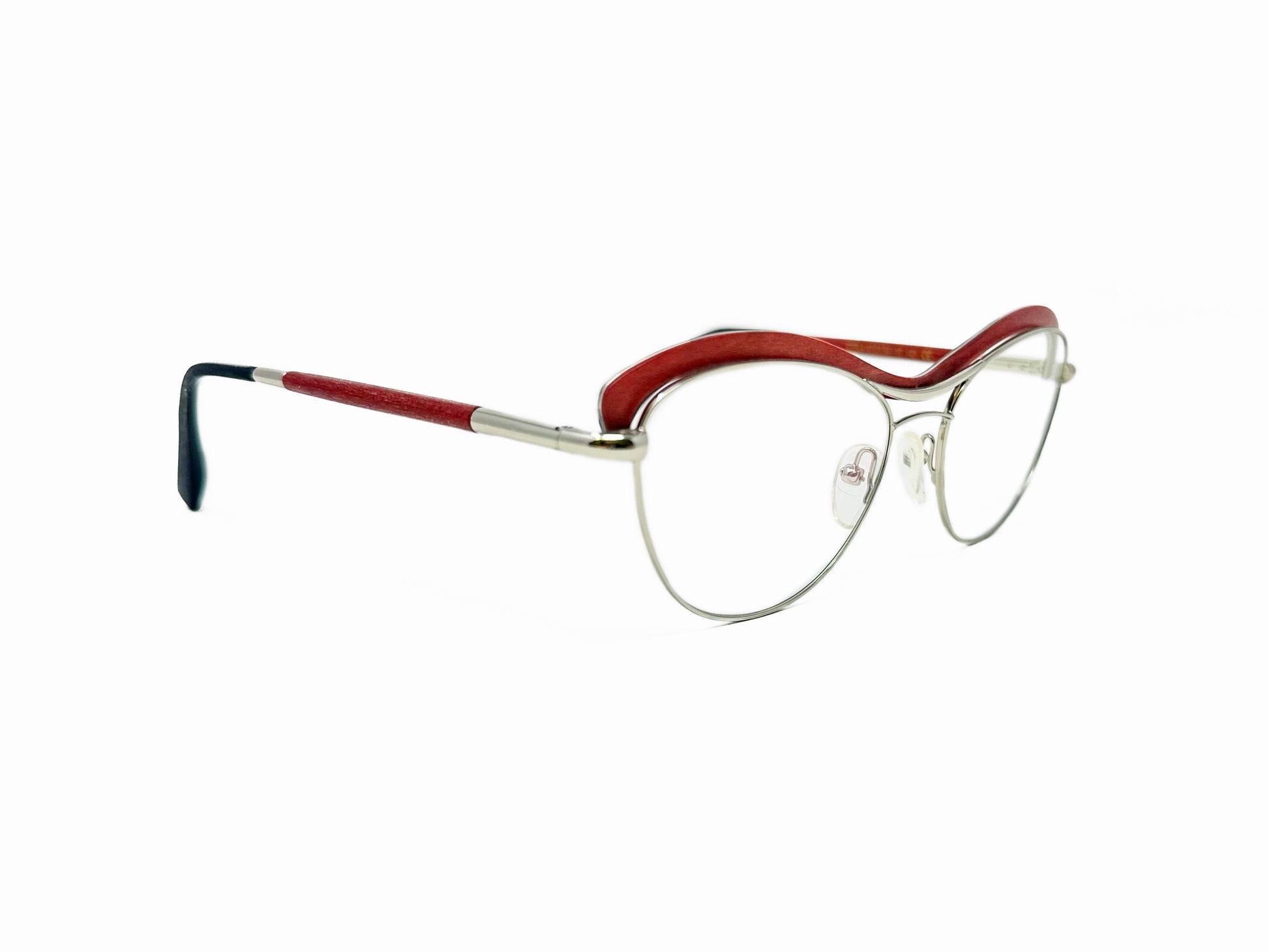 Gold & Wood rounded cat-eye optical frame. Model: Stela - Color: 02.03 - Red. Side view.