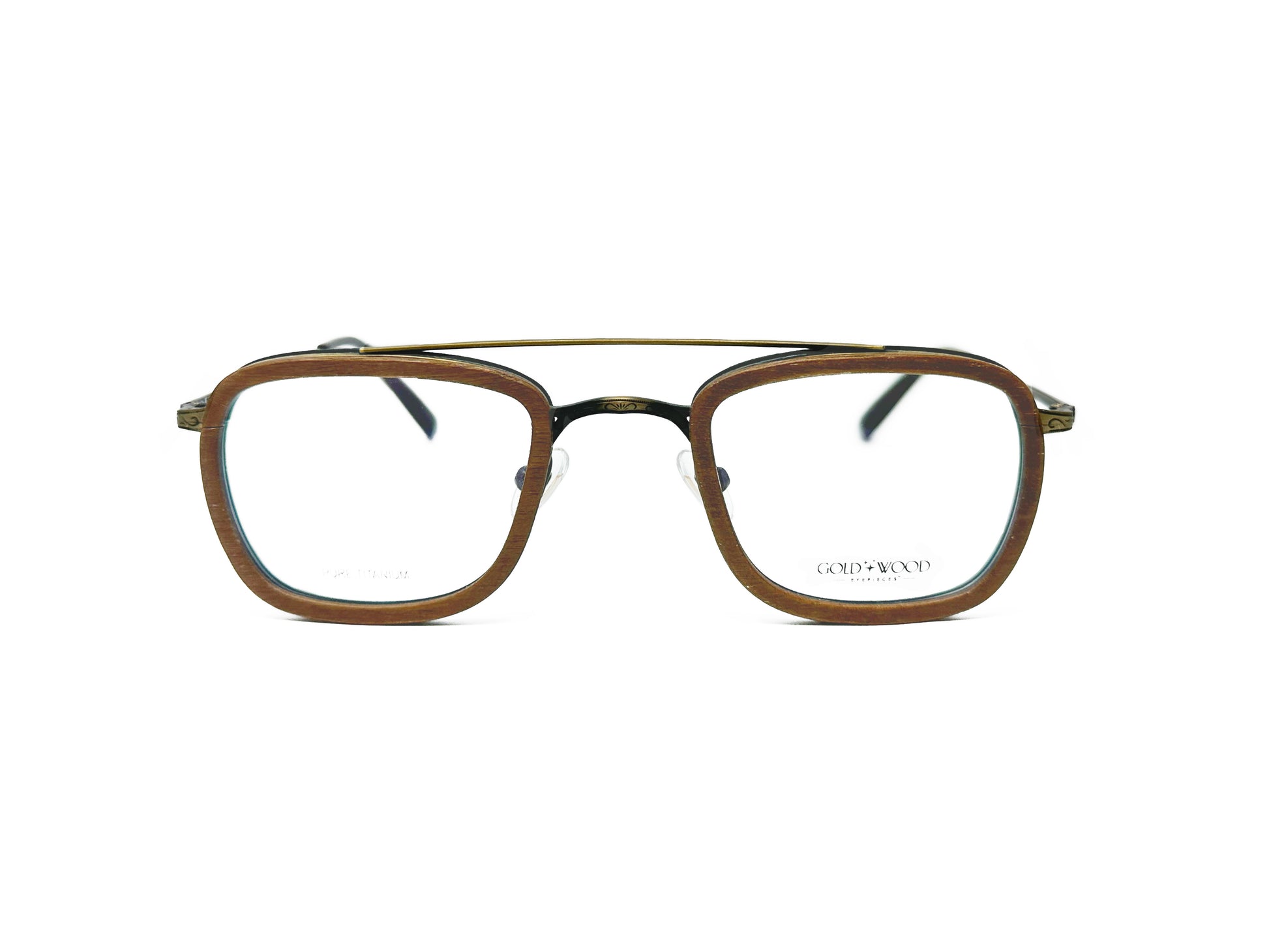 Gold & Wood rectangular-aviator style optical frame made from wood. Model: Titan. Color: 05.02 - Brown with bronze metal. Front view. 