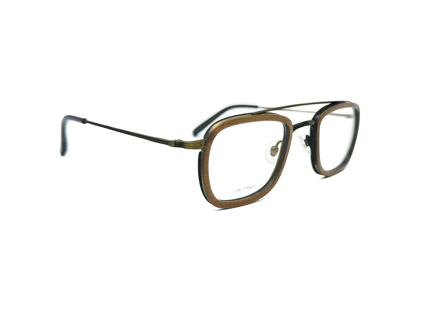 Gold & Wood rectangular-aviator style optical frame made from wood. Model: Titan. Color: 05.02 - Brown with bronze metal. Side view.