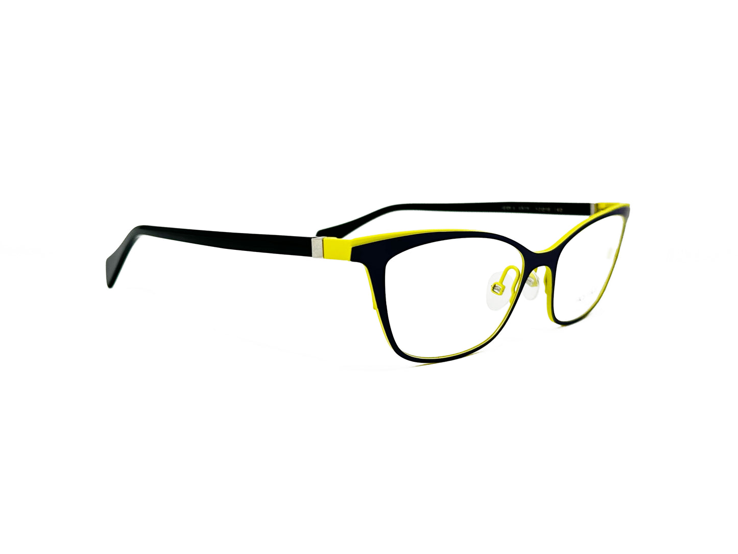Face a Face rectangular, with slight cat-eye, acetate, optical frame. Model: Heidi4. Color: 9515 - Black with neon yellow lining on top. Side view.