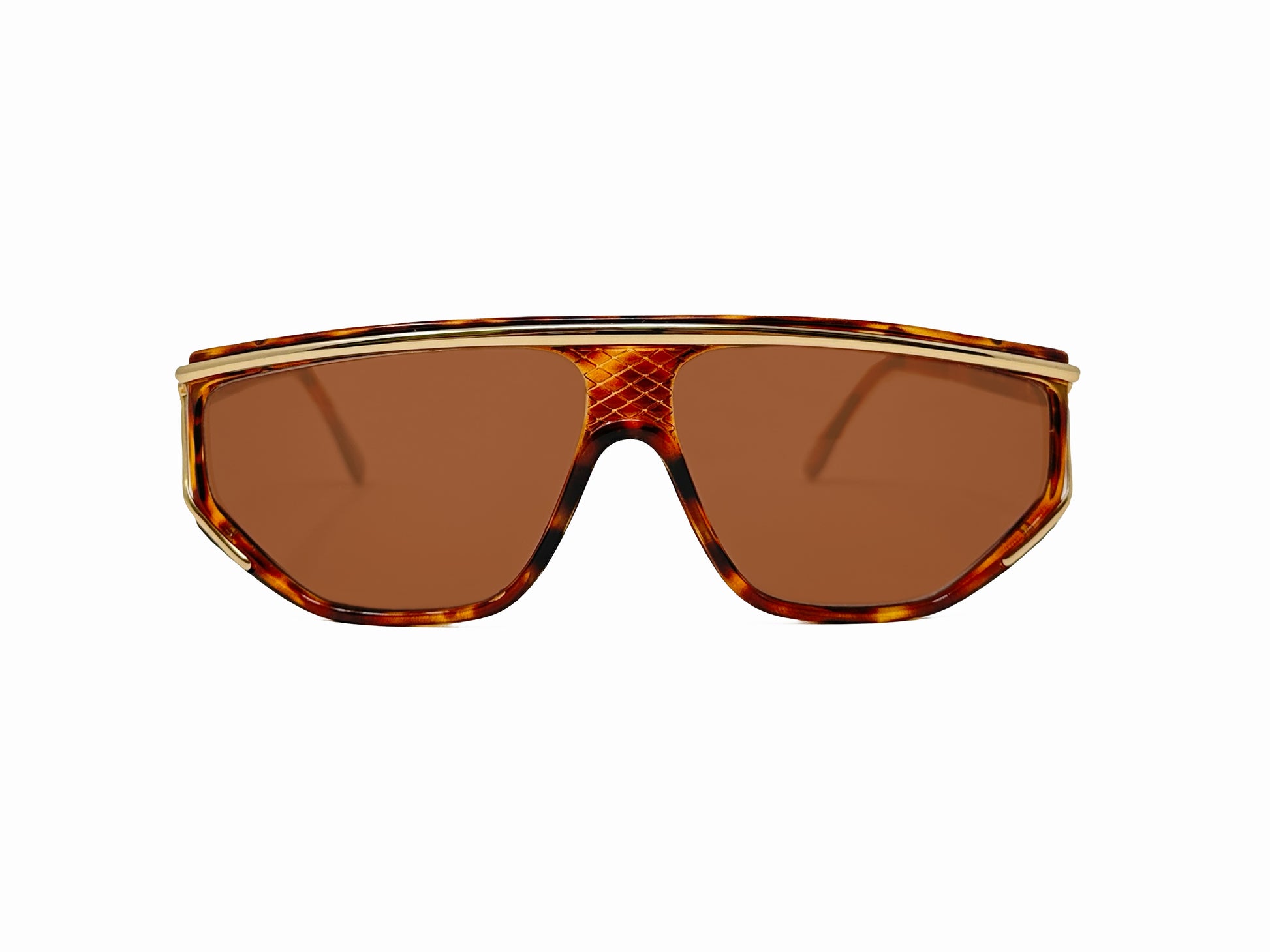 Helena Rubenstein rectangular, geometric, acetate sunglasses with a curved flattop. Model: HR201. Color: 4020 - Tortoise with gold metal accent across top of frame. Front view. 