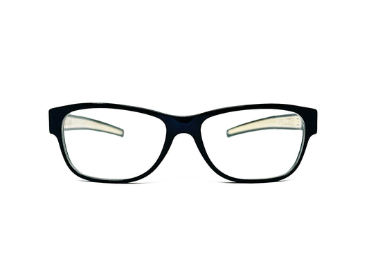 IC Berlin rectangular acetate optical frame. Model: Harmonic Oscillator. Color: Sun Gold, black with gold accents. Front  view.