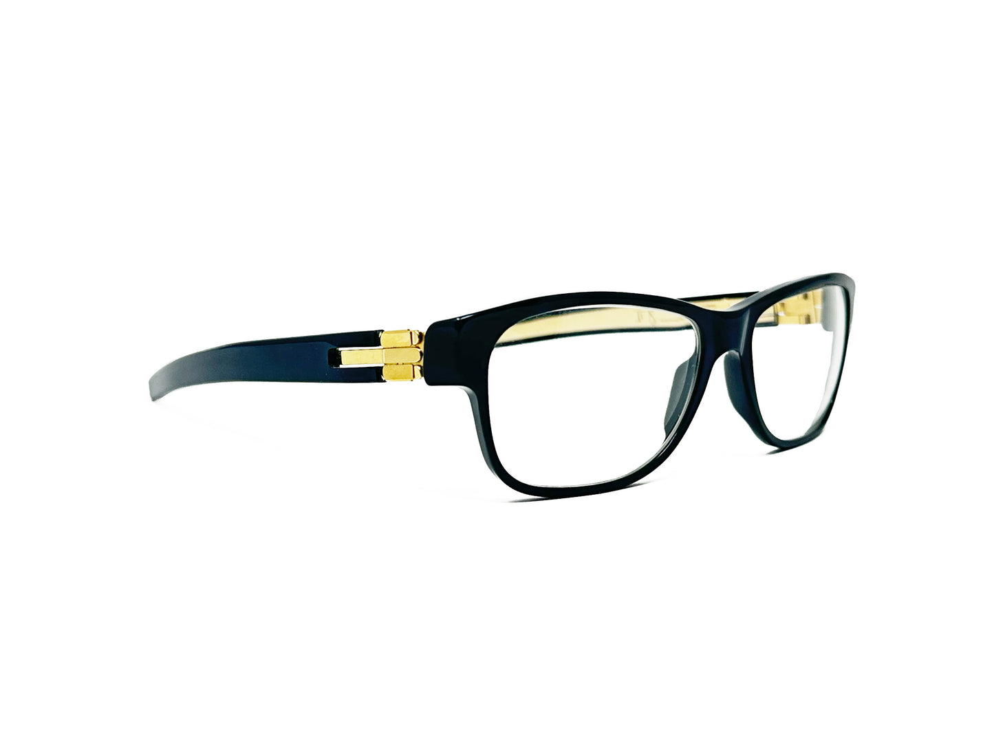 IC Berlin rectangular acetate optical frame. Model: Harmonic Oscillator. Color: Sun Gold, black with gold accents. Side view.