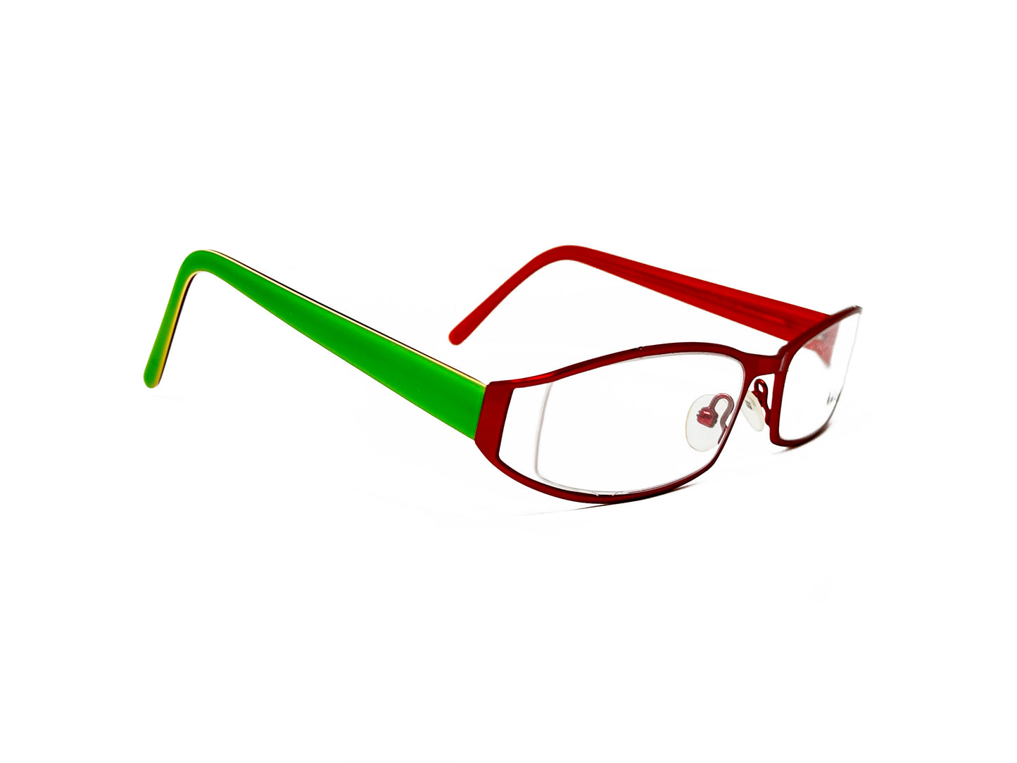 Imago curved-rectangular, metal optical frames with gap between side of lens and metal frame. Model: Varne. Color: 4 - red. Side view.