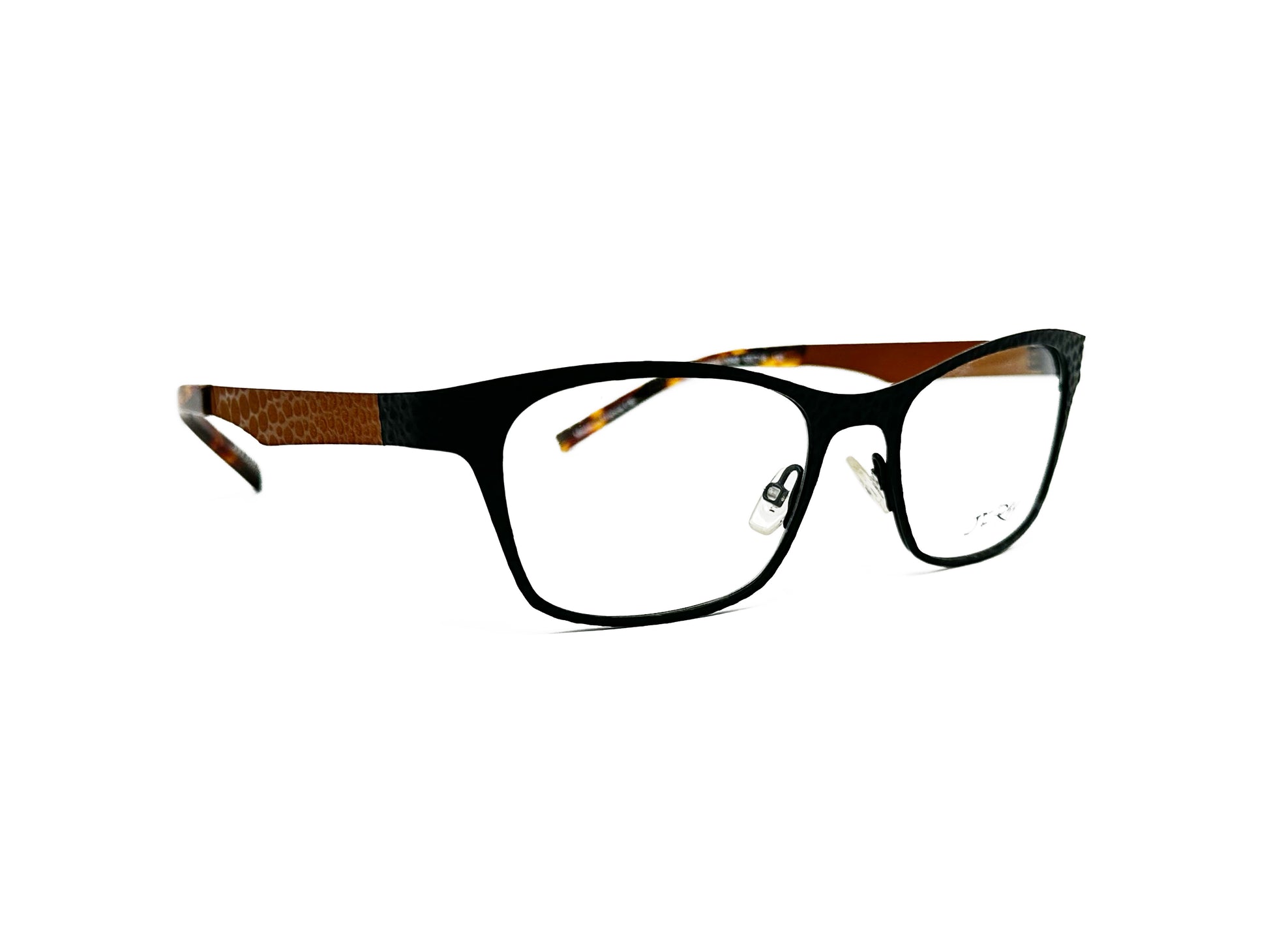 JF Rey rectangular optical frame with an upward angle. Model: JF2604. Color: 0092 - Black with brown temples. Side view.