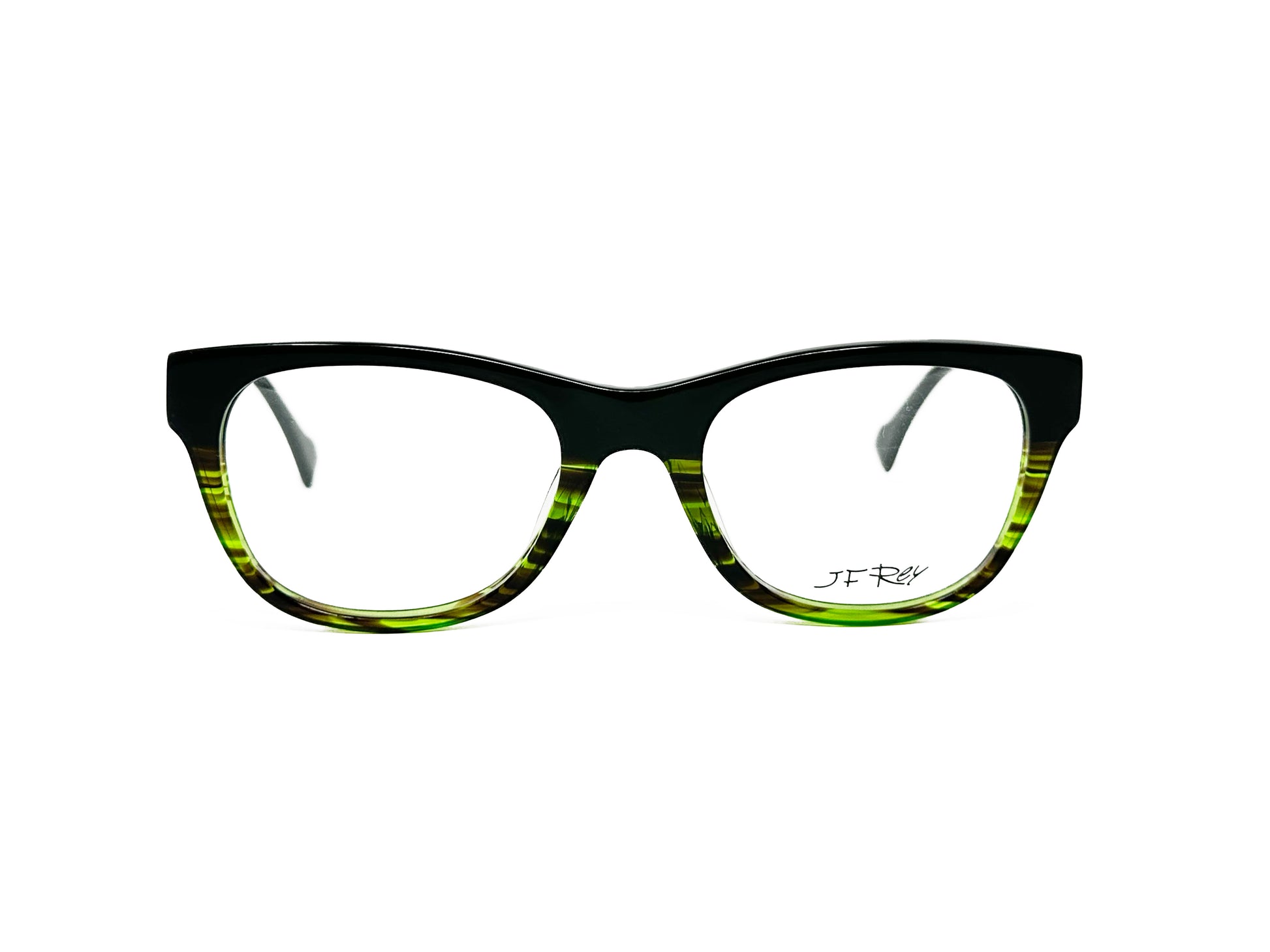 JF Rey rounded-square, acetate, optical frame. Model: JF1297. Color: 0040 - Black with semi-transparent lime green stripes on bottom of frame. Front view. 