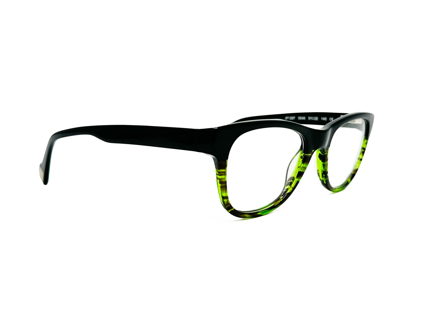 JF Rey rounded-square, acetate, optical frame. Model: JF1297. Color: 0040 - Black with semi-transparent lime green stripes on bottom of frame. Side view.