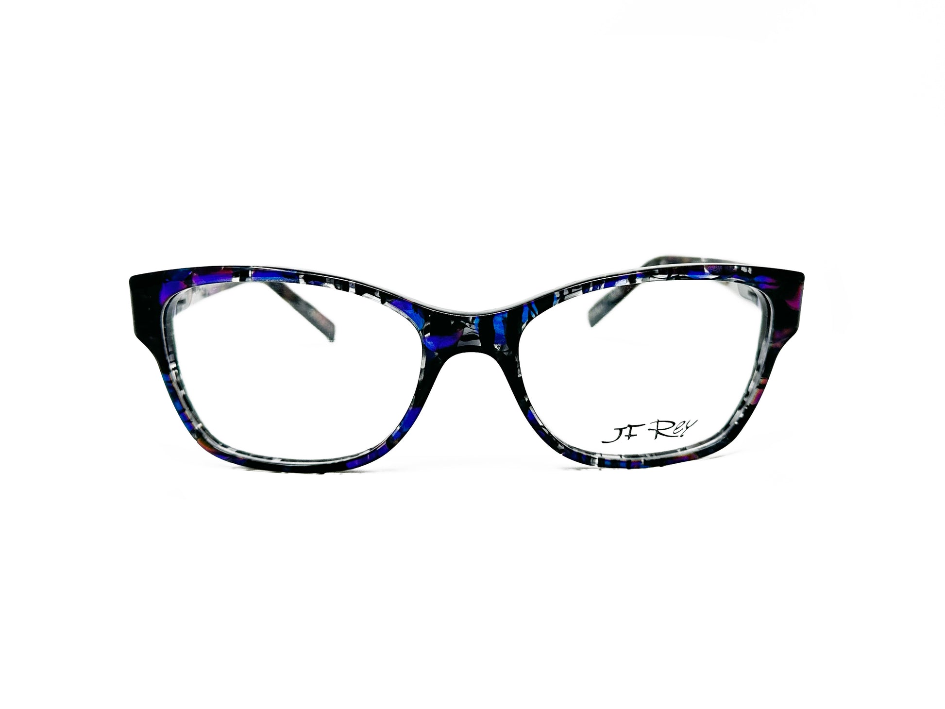 JF Rey square, acetate, optical frame with upward flared angle. Model: JF1310. Color: 2272 - Purple and blue swirl with transparent accents. Front view. 