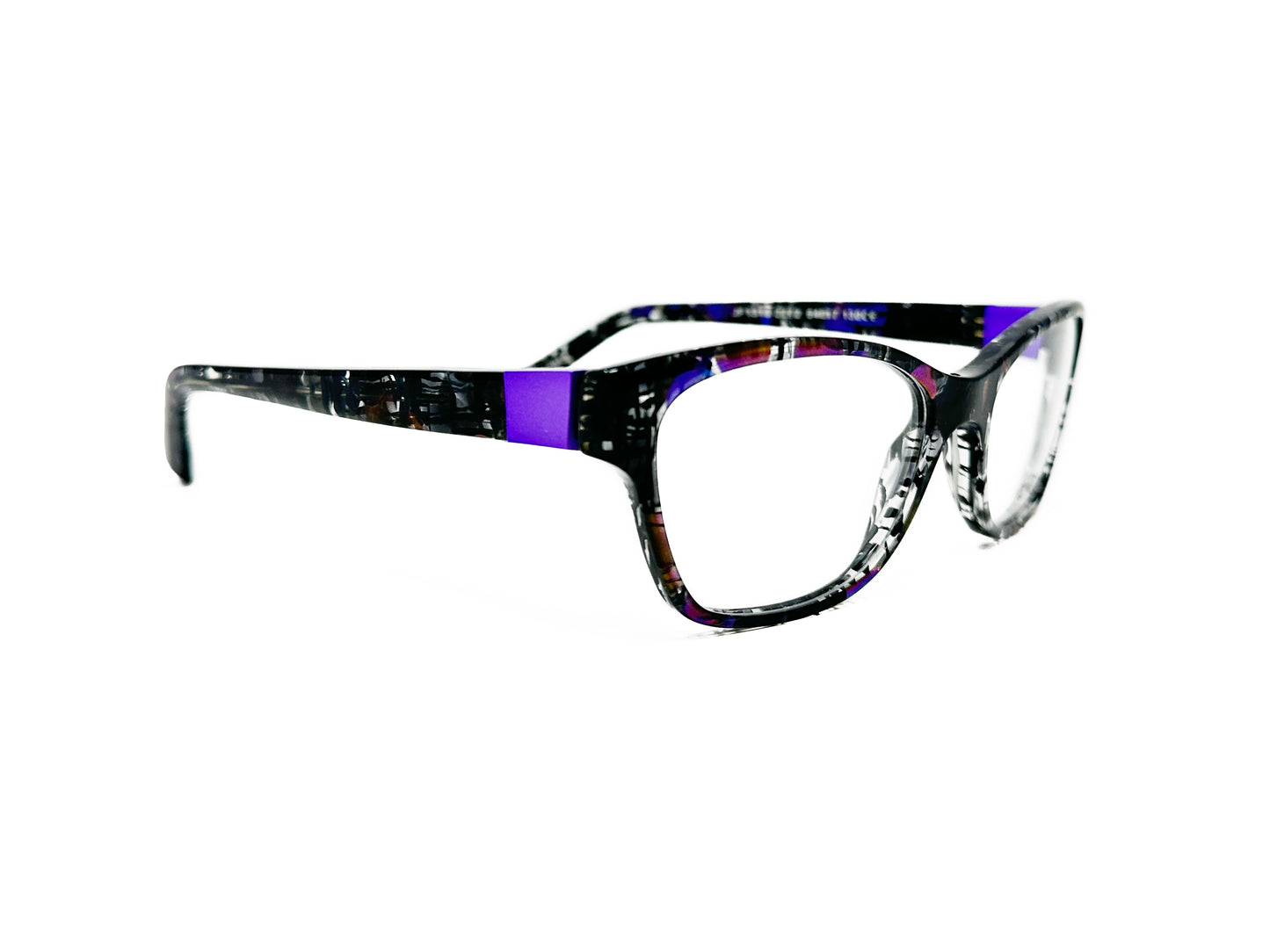 JF Rey square, acetate, optical frame with upward flared angle. Model: JF1310. Color: 2272 - Purple and blue swirl with transparent accents. Front view.