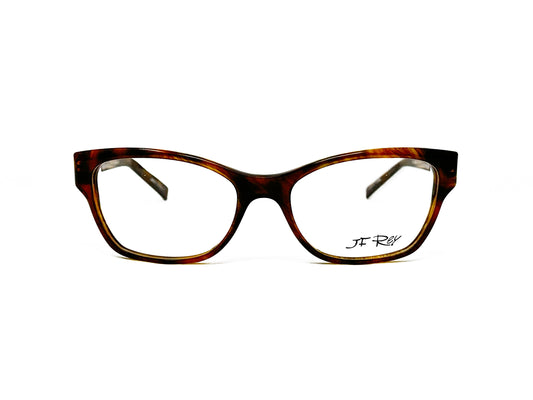 JF Rey rectangular with slight cat-eye acetate optical frame. Model: JF1310. Color: 9530 dark brown tortoise. Front view.