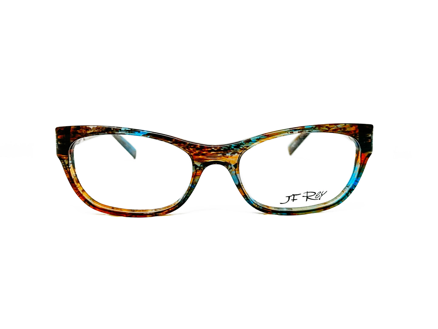 JF Rey rectangular acetate optical frame with upward lift. Model: JF1311. Color: 9020 - Brown and turquoise pattern. Front view. 