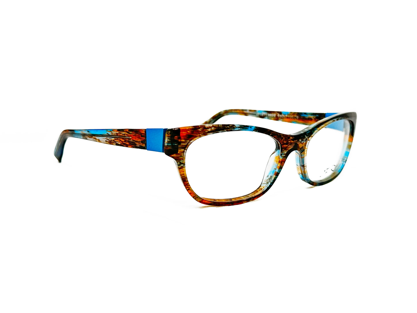 JF Rey rectangular acetate optical frame with upward lift. Model: JF1311. Color: 9020 - Brown and turquoise pattern. Side view.