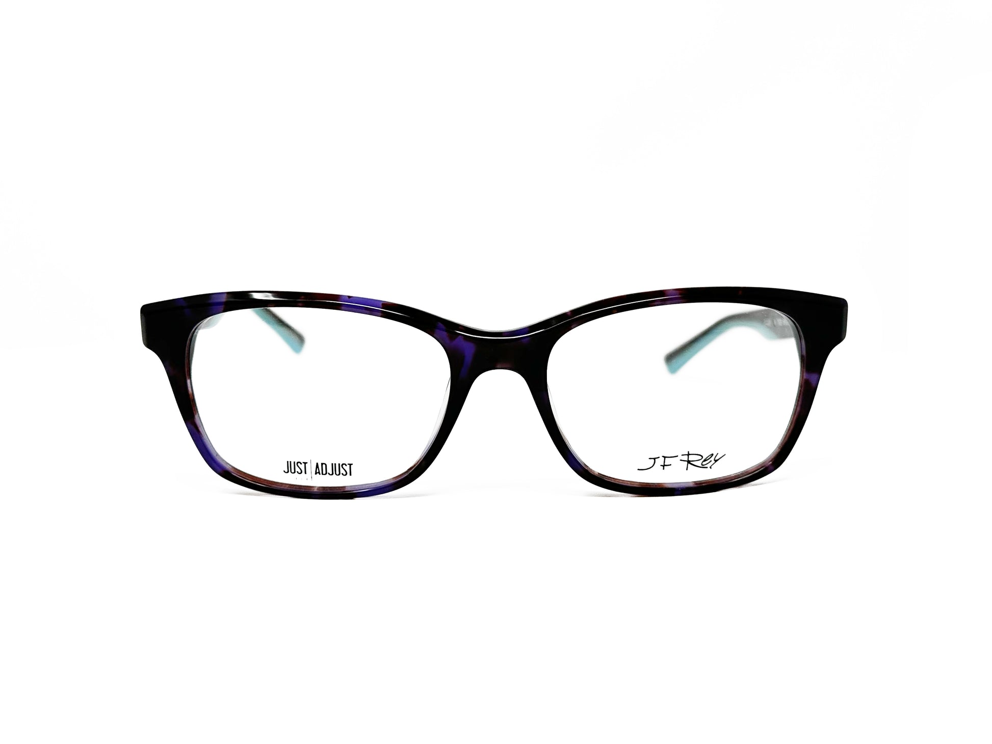 JF Rey rectangular, acetate optical frame. Model: JF1320. COlor: 7520 - Dark purple tortoise with teal accents on temples. Front view. 