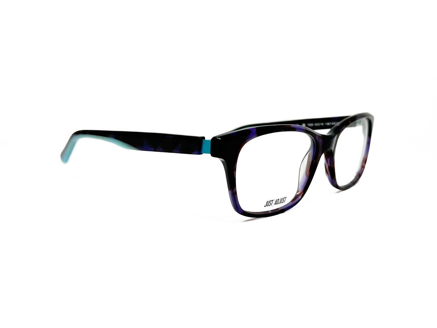 JF Rey rectangular, acetate optical frame. Model: JF1320. COlor: 7520 - Dark purple tortoise with teal accents on temples. Side view.