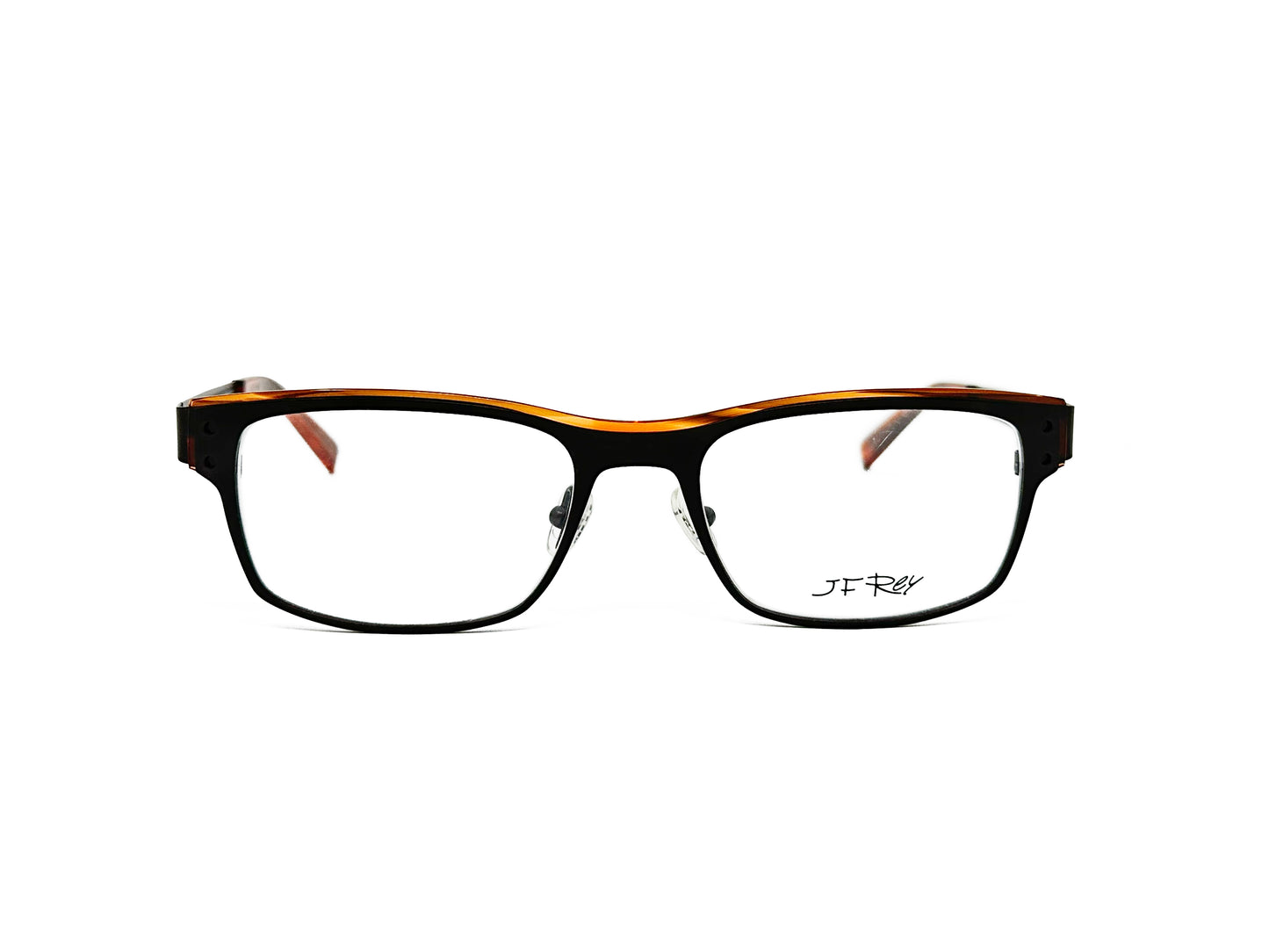 JF Rey rectangular, acetate, optical farme with amber sliver on top. Model: JF2553. Color: 9060 - Black with amber accent. Front view. 