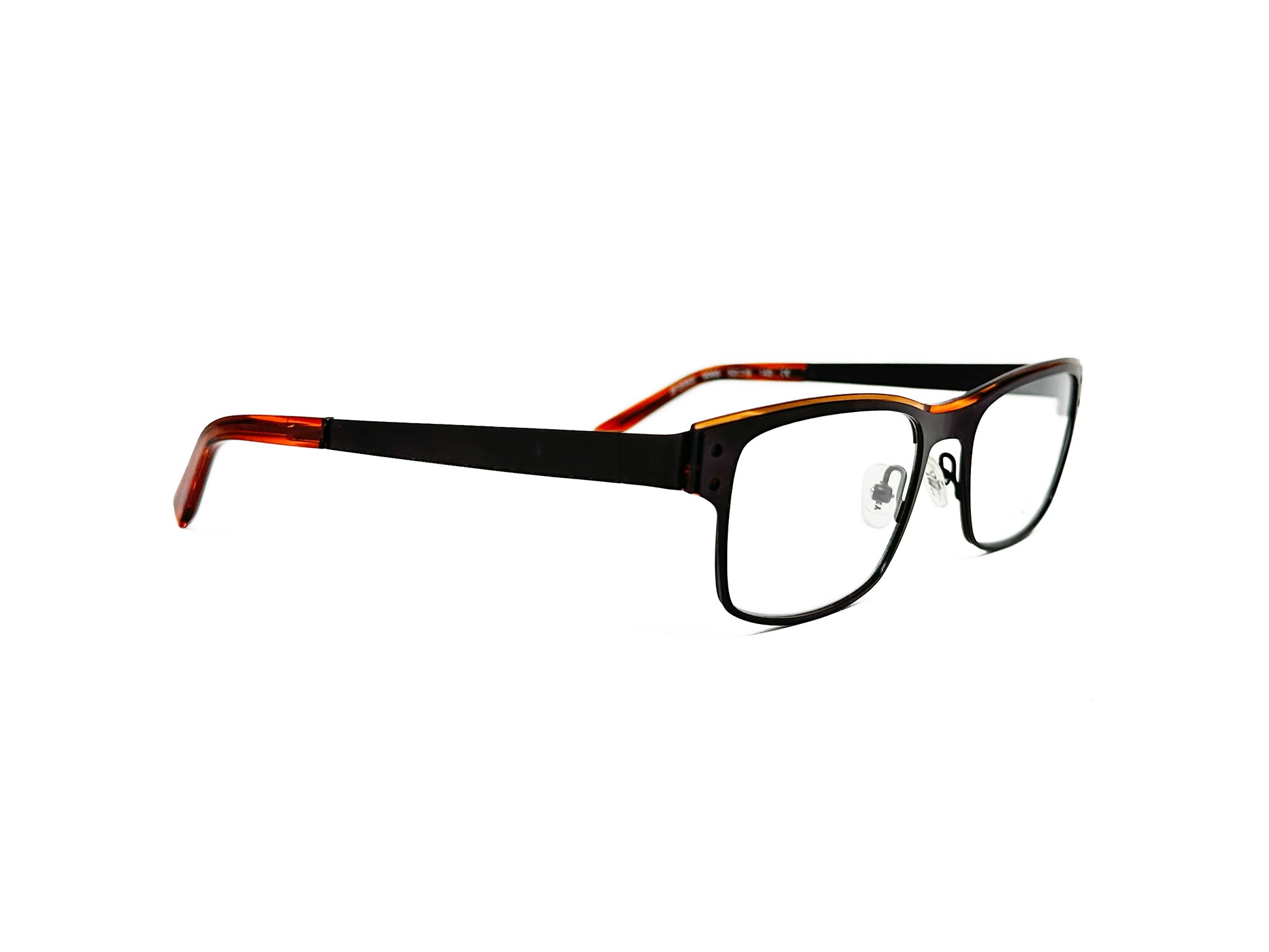 JF Rey rectangular, acetate, optical farme with amber sliver on top. Model: JF2553. Color: 9060 - Black with amber accent. Side view.