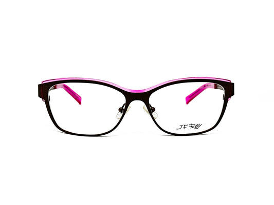 JF Rey rectangular frame. Model: JF2554. Color: 9085 black with pink edge on top and temples. Front view.