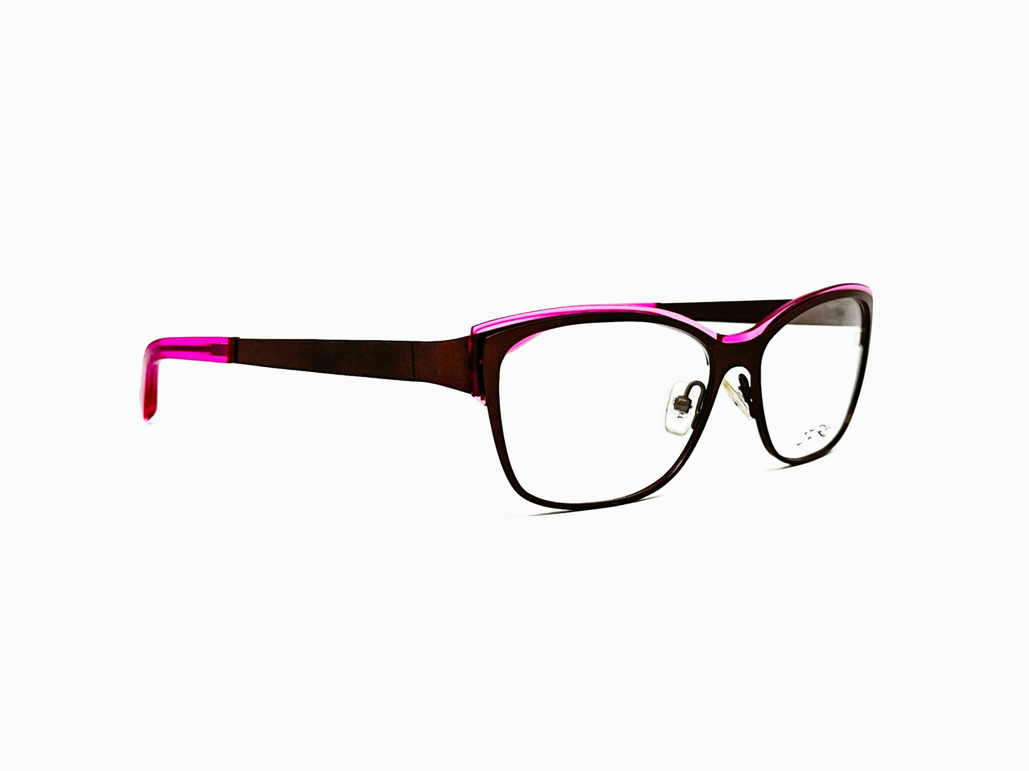JF Rey rectangular frame. Model: JF2554. Color: 9085 black with pink edge on top and temples. Side view.