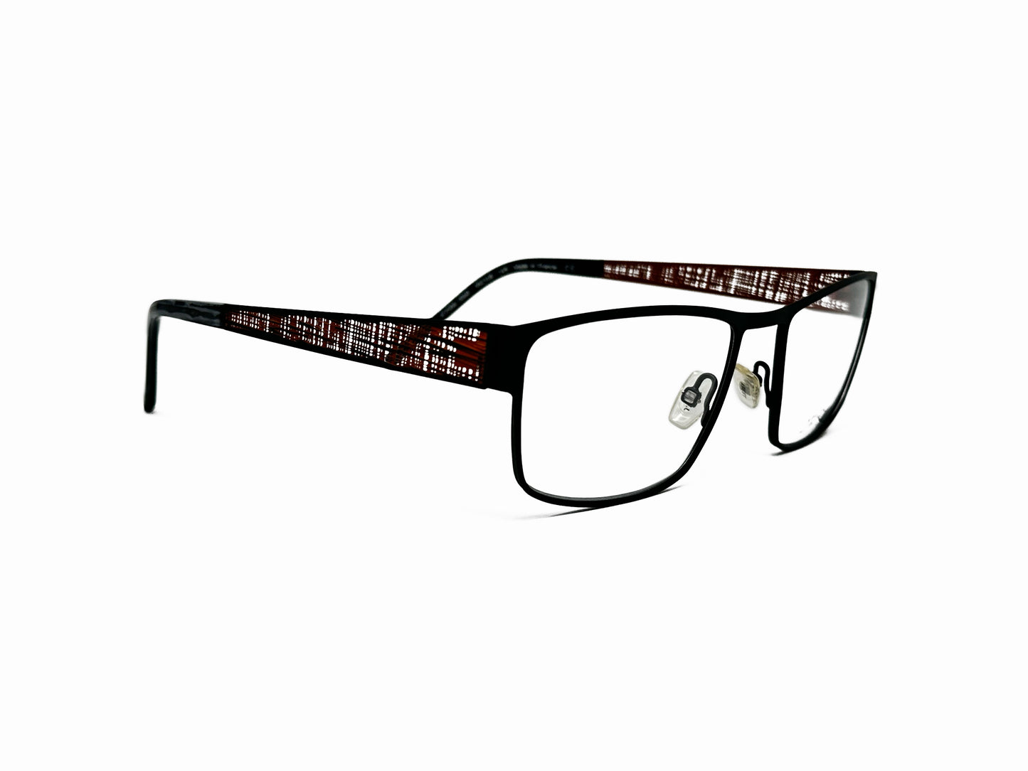 JF Rey rectangular, metal, optical frame with linen pattern cutout on temples. Model: JF2586. Color: 0060 - Dark Brown. Side  view.