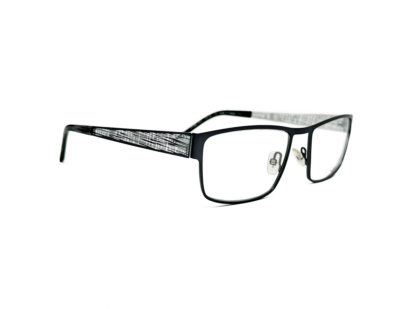 JF Rey rectangular, metal, optical frame with linen pattern cutout on temples. Model: JF2586. Color: 0513 - Black. Side view.