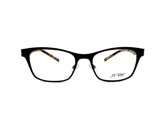 JF Rey rectangular optical frame with an upward angle. Model: JF2604. Color: 0092 - Black with brown temples. Front view. 