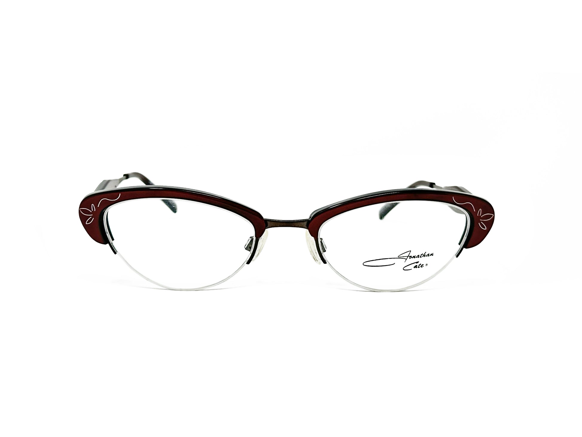 Jonathan Cate half-rim, curved, cat-eye optical frames. Model: Yakety Yak. Color: BRG - Burgundy. front view. 