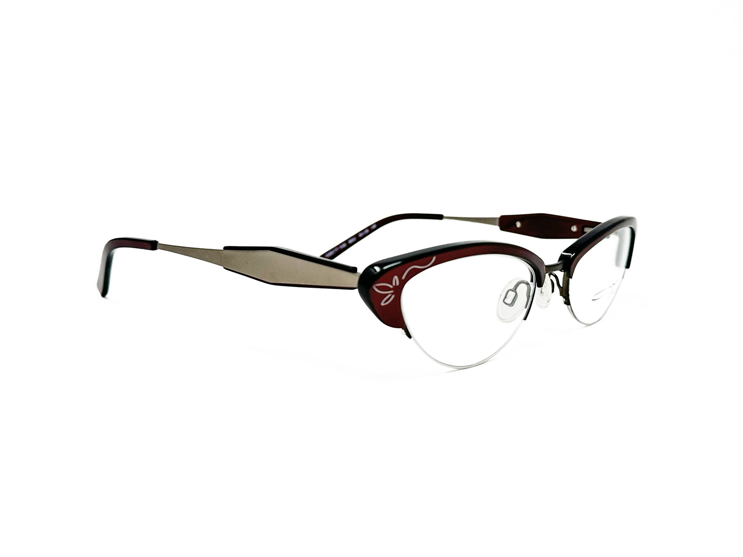 Jonathan Cate half-rim, curved, cat-eye optical frames. Model: Yakety Yak. Color: BRG - Burgundy. Side view.