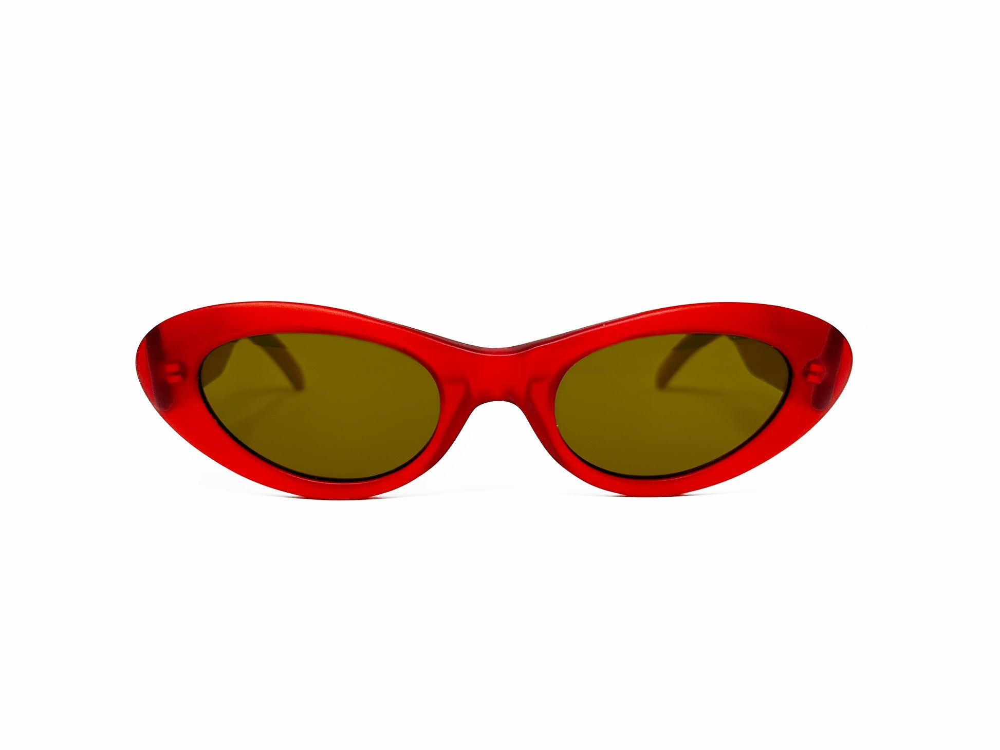 Kador oval, cat-eye, acetate sunglasses. Model: 3. Color: 1453- Red with green lenses. Front view. 