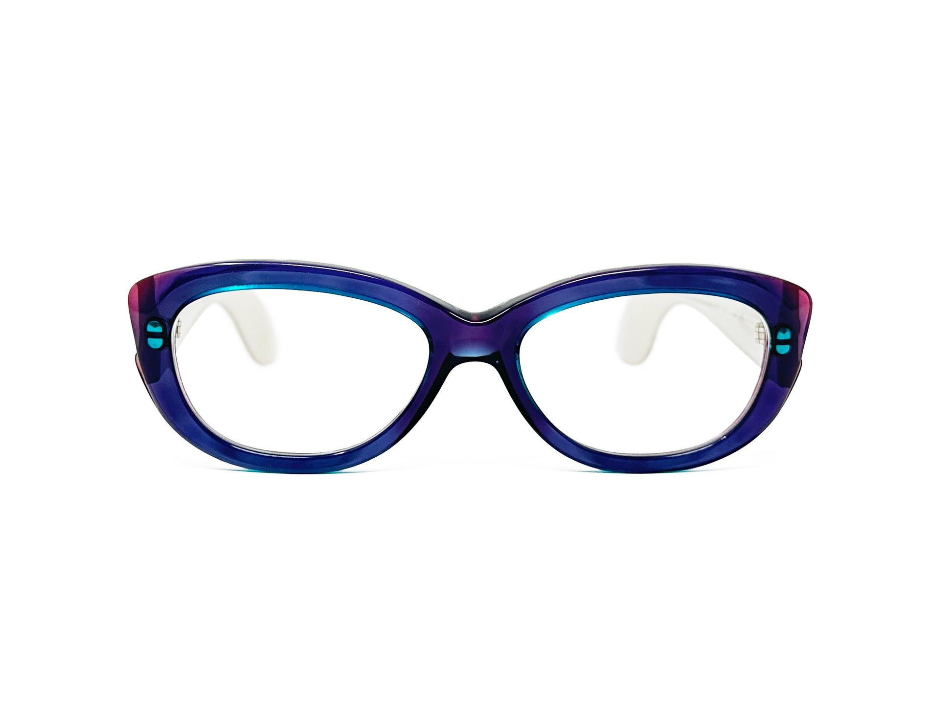 Kador rounded cate-eye acetate optical frame. Model: DF2002. Color: 2 - Semi-transparent purple with pink and teal accents. Front view. 
