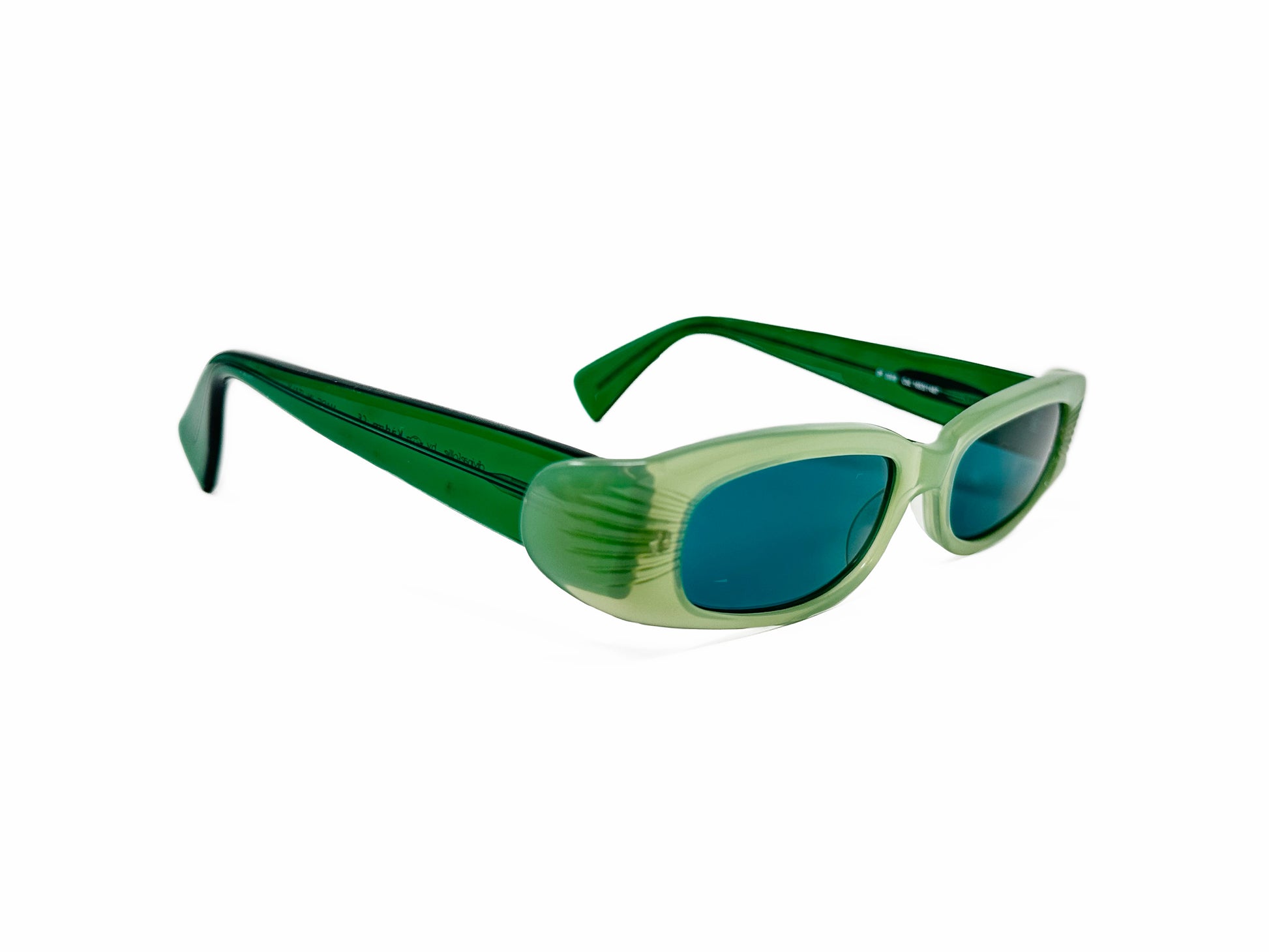 Kador rectangular, acetate sunglass with wing design on sides. Model: DF2008. Color: 1653/1487 - light, semi-transparent emerald green with blue lenses. Side view.