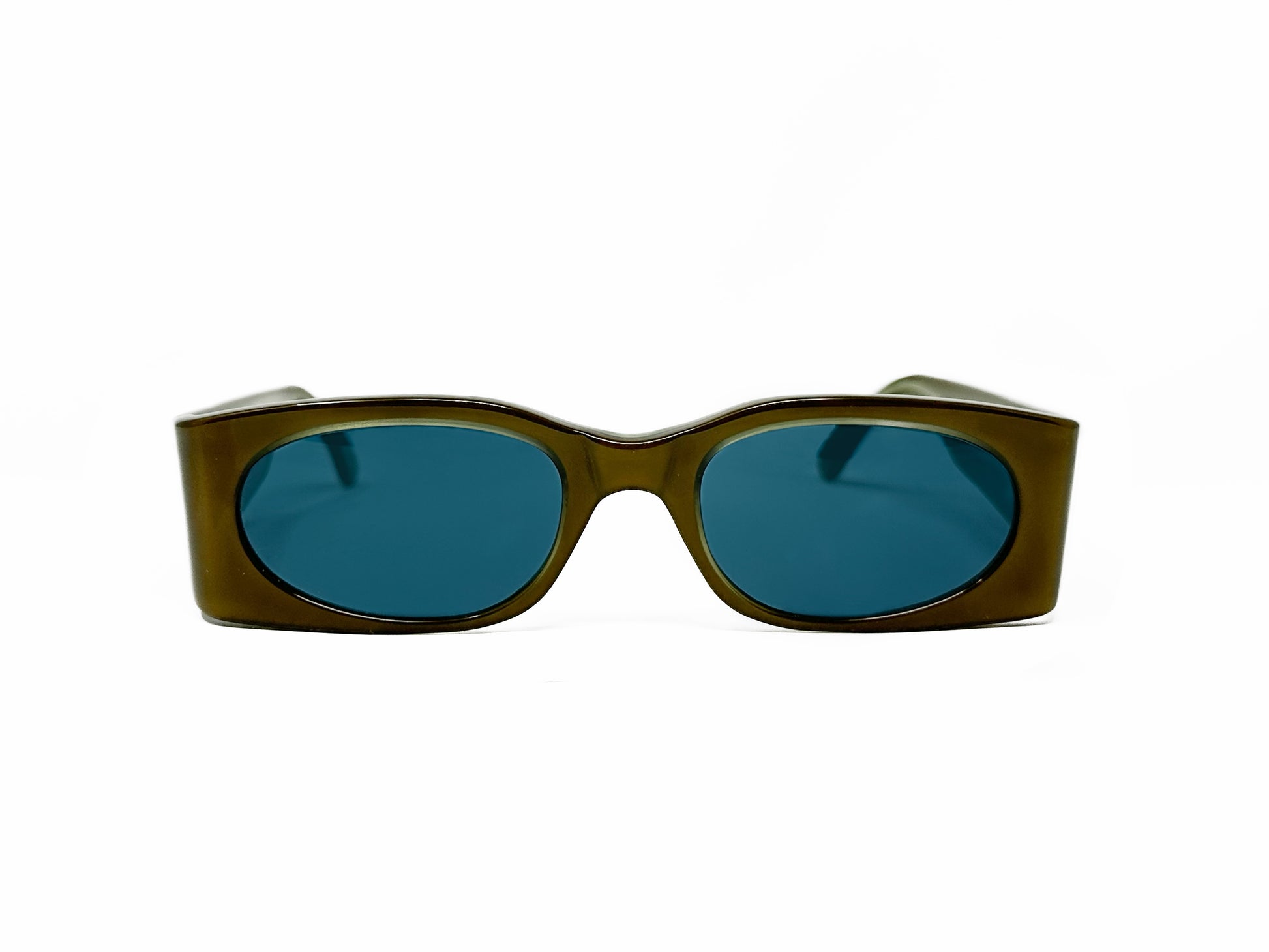 Kador rectangular acetate sunglasses with oval lenses. Model: DF2012. Color: M/1434 - Olive with blue lenses. Front view.