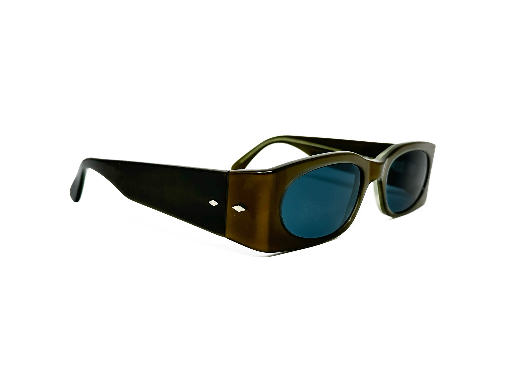 Kador rectangular acetate sunglasses with oval lenses. Model: DF2012. Color: M/1434 - Olive with blue lenses. Side view.