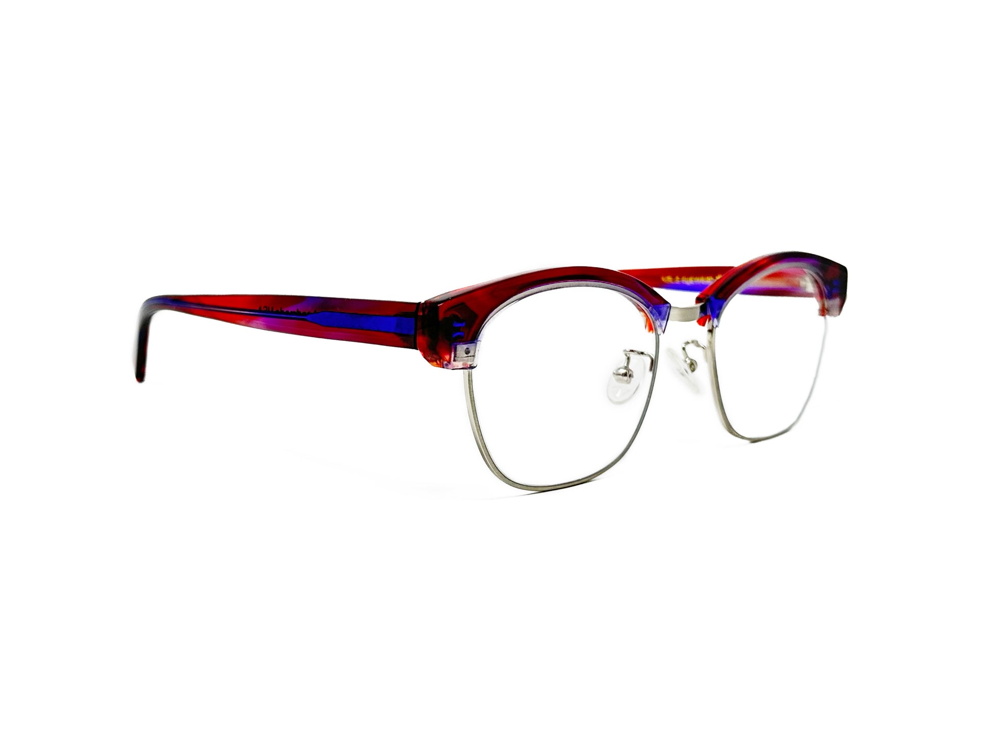 Kala Eyewear half-rim optical frame. Model: Armstrong. Color: Raz - red, blue, purple swirl. Side view.