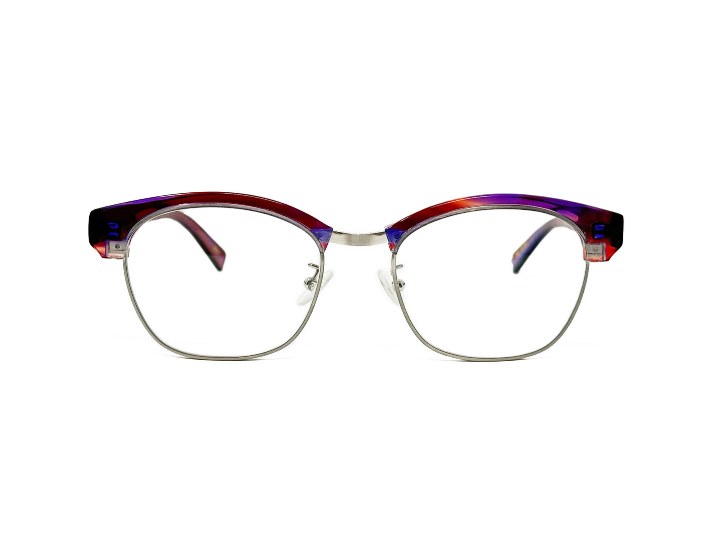 Kala Eyewear half-rim optical frame. Model: Armstrong. Color: Raz - red, blue, purple swirl. Front view.