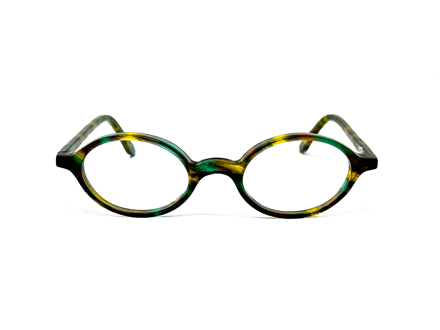 Kala Eyewear round acetate optical frame. Model: Ellipse. Color: GN green tortoise. Front view.