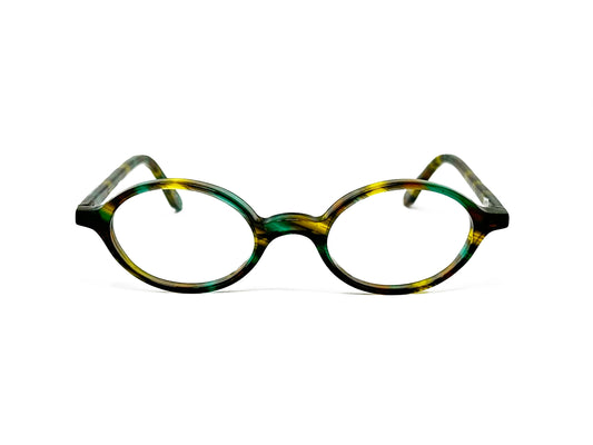 Kala Eyewear round acetate optical frame. Model: Ellipse. Color: GN green tortoise. Front view.