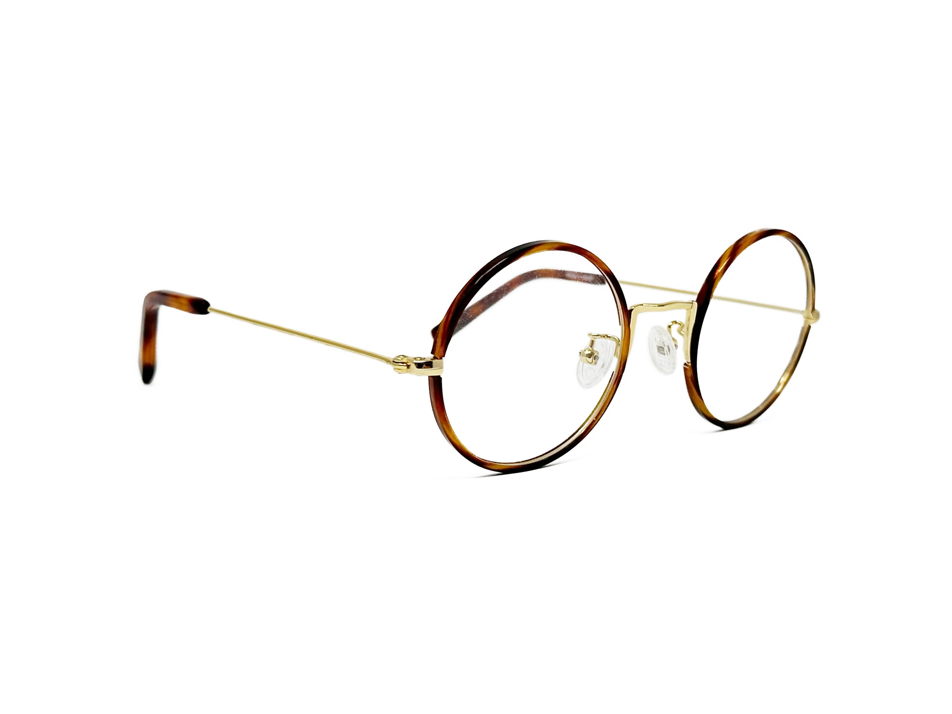 Kala Eyewear round metal optical frame. Model: Gandhi. Color: GLD - Tortoise rim with gold metal . Side view.