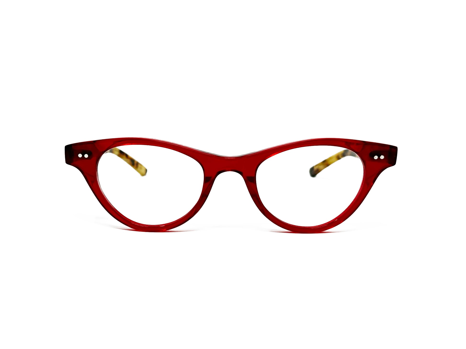 Kala Eyewear cat-eye acetate optical frame. Model: Hana. Color: RDT transparent red. Front view.