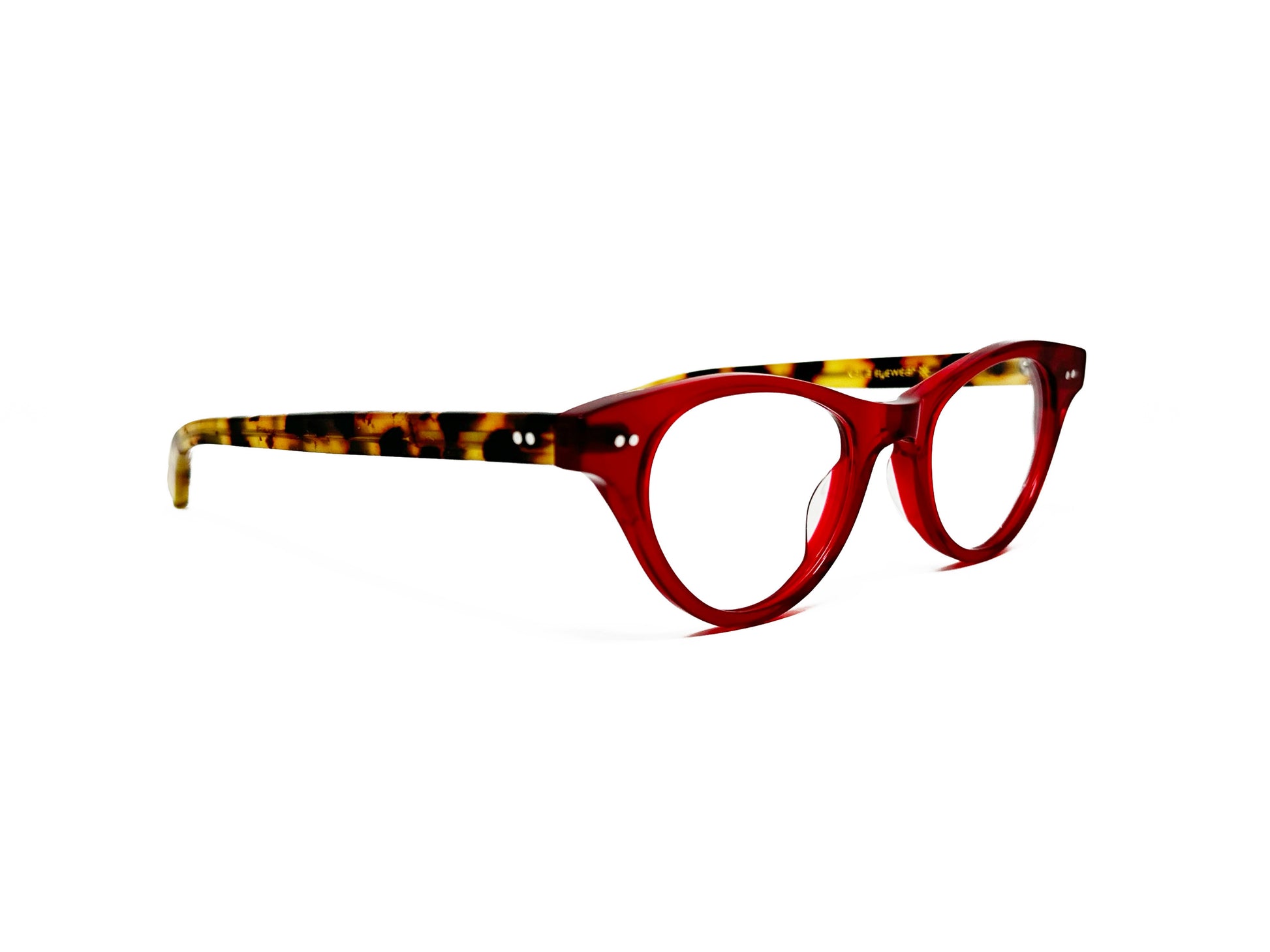 Kala Eyewear cat-eye acetate optical frame. Model: Hana. Color: RDT transparent red. Side view.