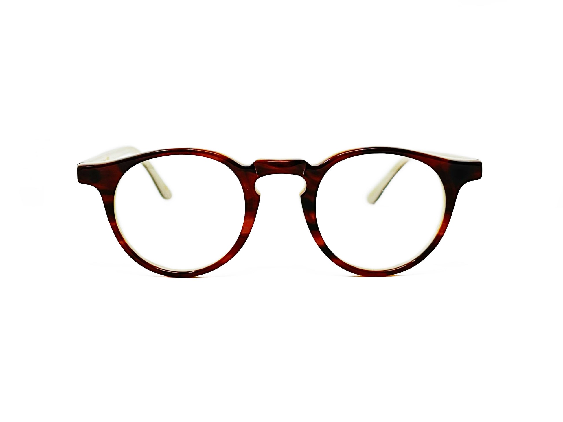 Kala Eyewear round acetate optical frame. Model: Harry. Color: MC - Reddish brown. Front view.