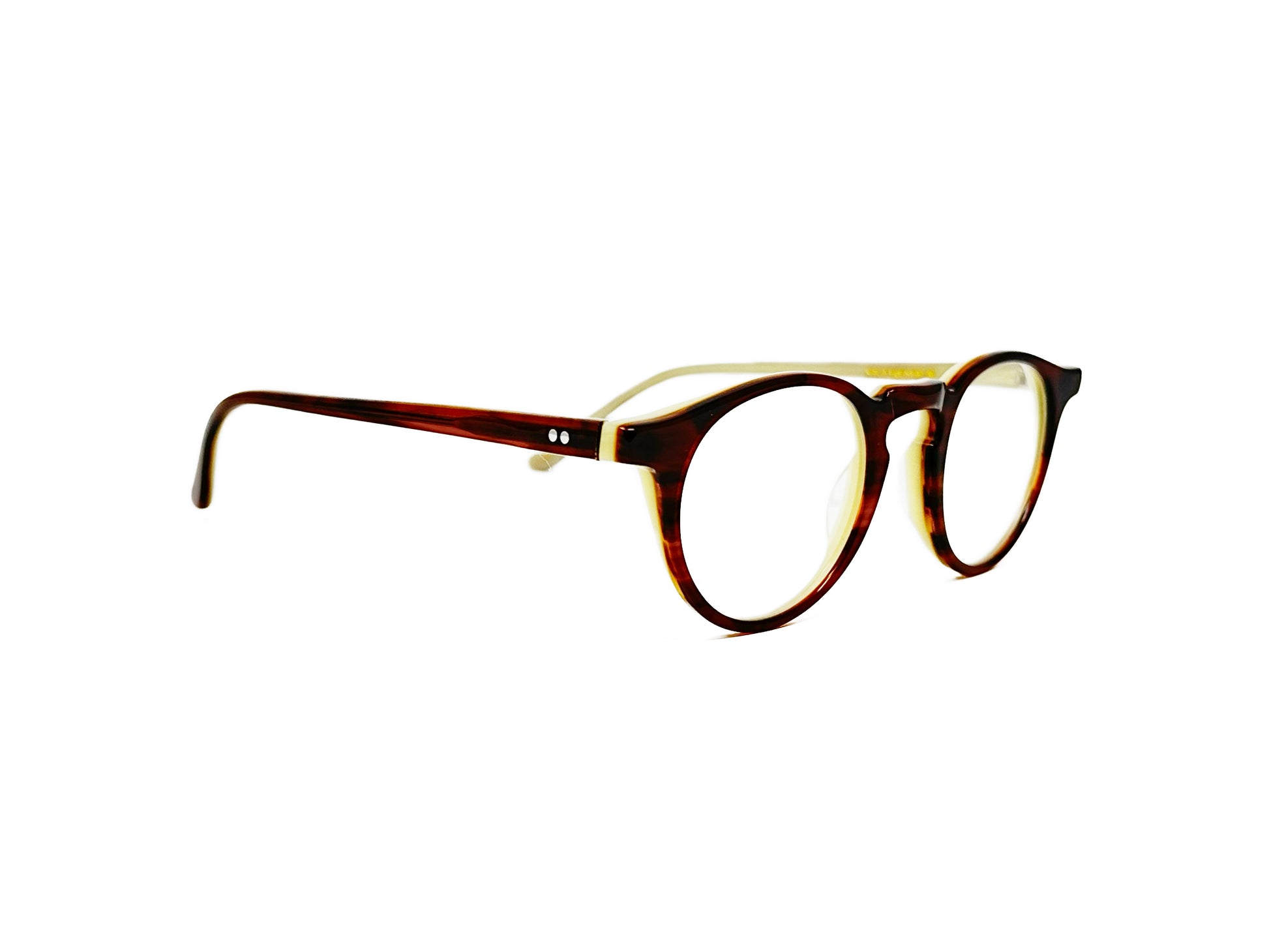 Kala Eyewear round acetate optical frame. Model: Harry. Color: MC - Reddish brown. Side view.