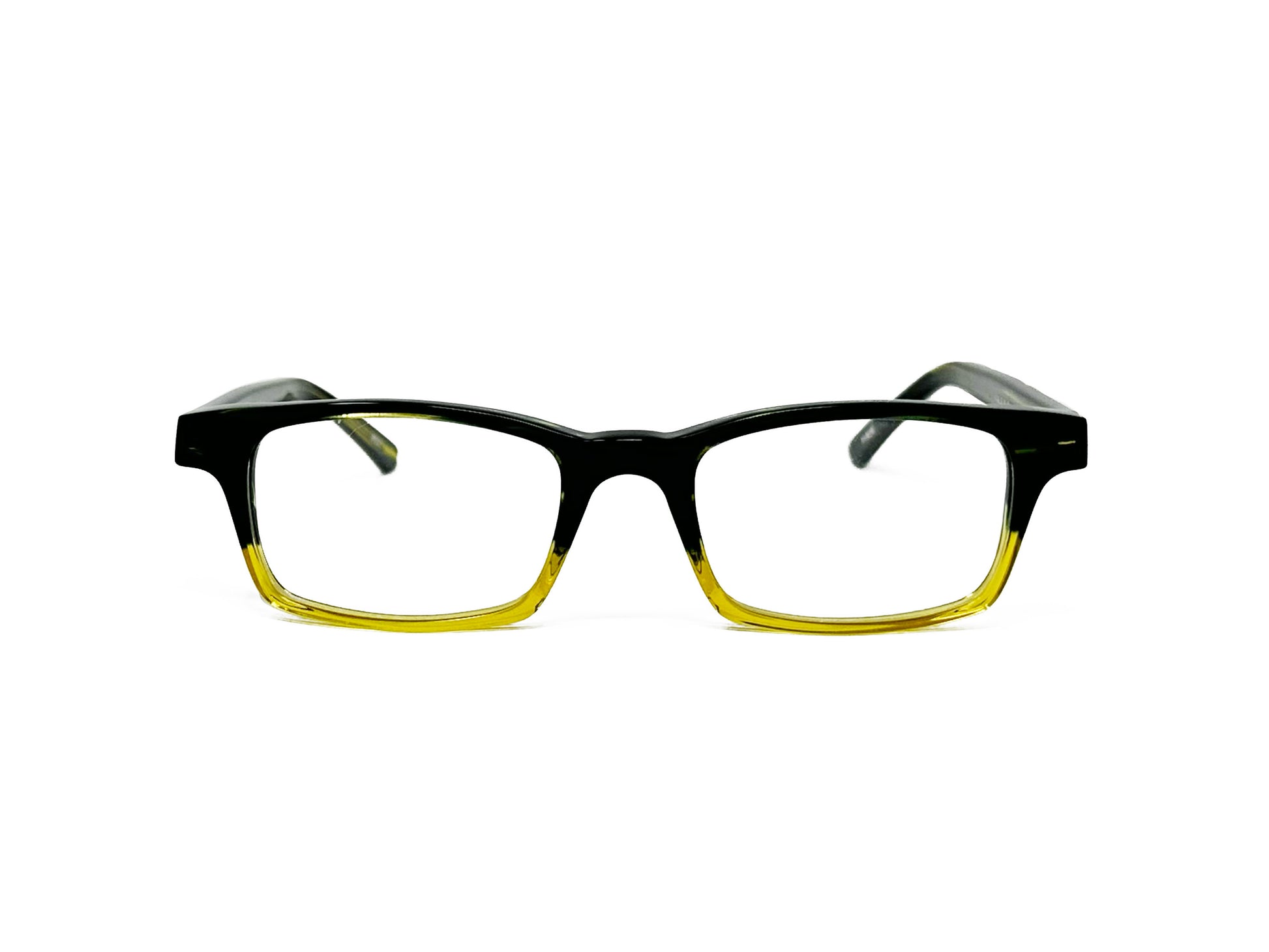 Kala Eyewear rectangular acetate optical frame. Model: Jaime. Color: HGY black with transparent yellow on bottom. Front view.