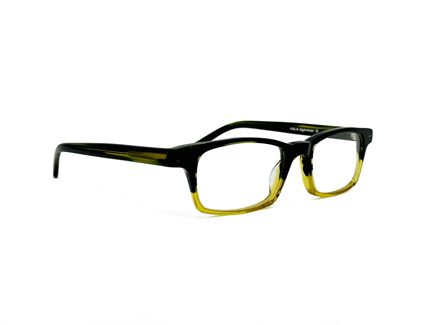 Kala Eyewear rectangular acetate optical frame. Model: Jaime. Color: HGY black with transparent yellow on bottom. Side view.