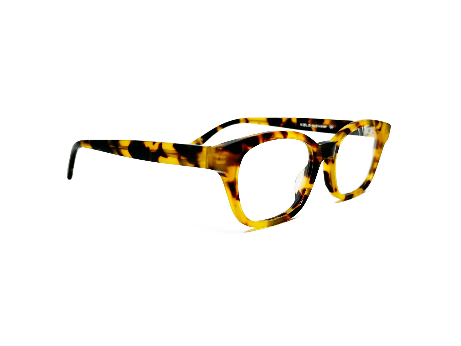 Kala Eyewear rectangular acetate optical frame. Model: Morgan. Color: TOK - Yellow-brown tortoise. Side view.