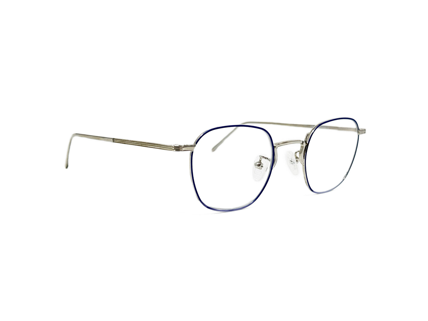 Kala Eyewear rounded-square metal optical frame. Model: New Liner. Color: SLVB. Side view.