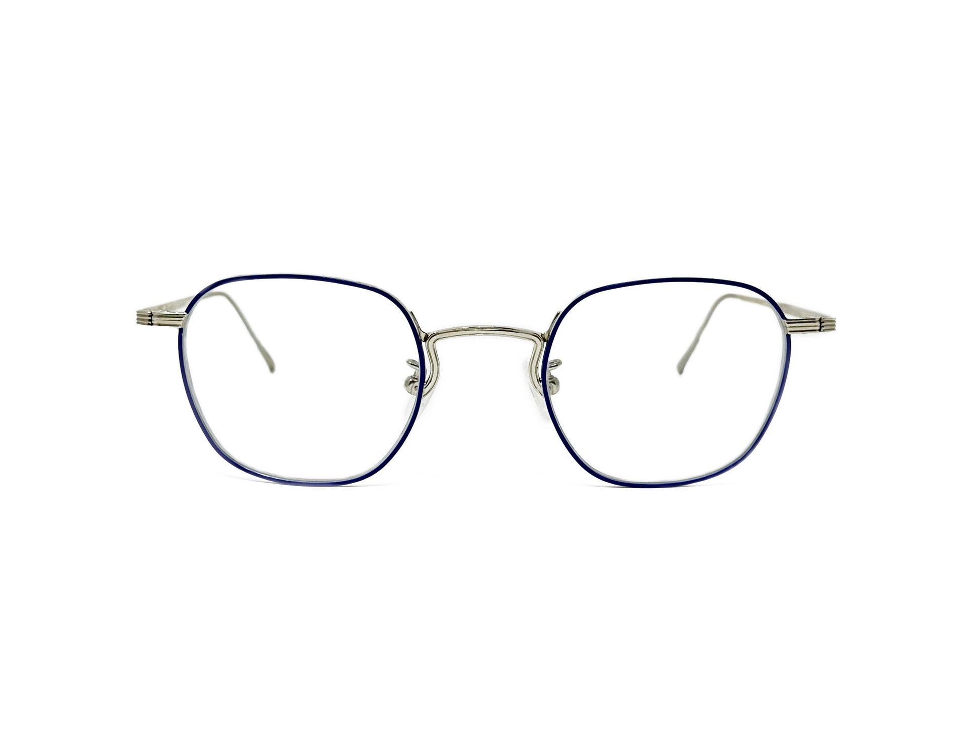 Kala Eyewear rounded-square metal optical frame. Model: New Liner. Color: SLVB. Front view.